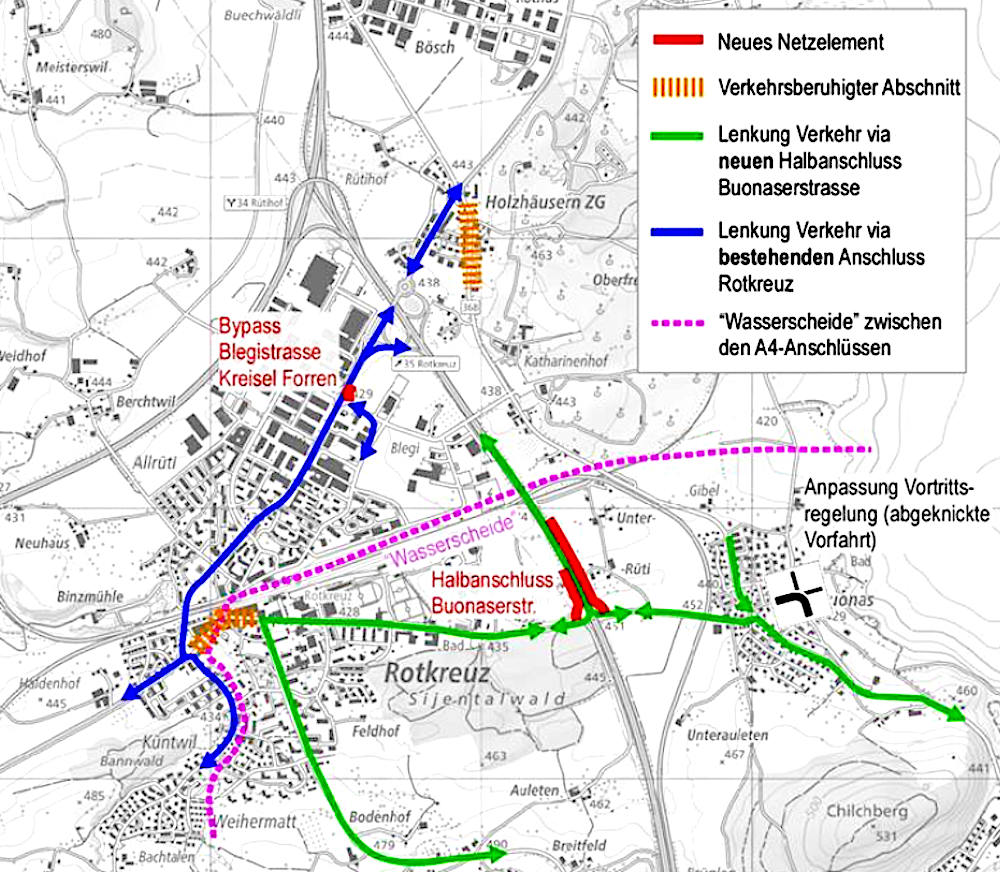 So soll die «Bestvariante» des Kantons Rotkreuz vom Pendlerverkehr entlasten: Unten, mit Rot eingezeichnet, sind die neuen beiden Halbanschlüsse an der Autobahn Richtung Gotthard zu erkennen.