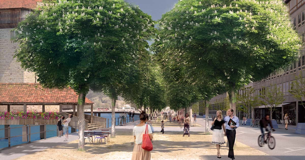 Zwei Baumreihen und ein Mergelbelag sollen die Bahnhofstrasse zu einem schöneren Ort machen. (Bild: Koepfli Partner GmbH, Luzern)