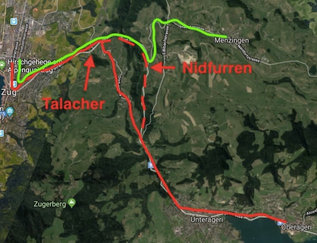 Grün: Buslinie Zug-Menzingen, rot: Buslinie Zug-Oberägeri.