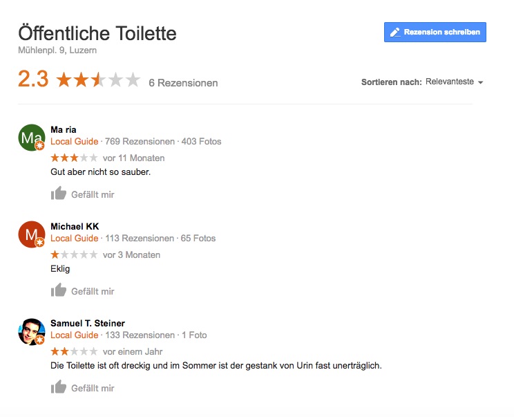 Rezensionen der Mühlenplatz-Toilette auf google maps.
