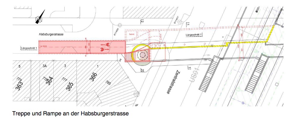 Die geplante Rampe der Variante C: Die Velofahrer gelangen in den ehemaligen Posttunnel, für die Fussgänger gibt es statt Wendeltreppe auch eine neue Rampe mit Treppe und Lift. Visualisierung: zvg