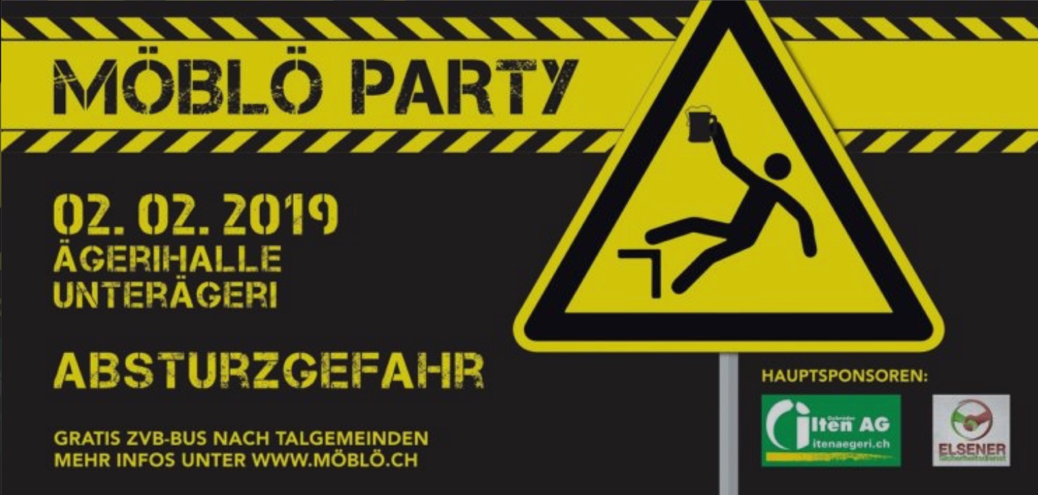 Das Plakat für die diesjährige «Möblö Party» wirkt vorallem aufgrund der Farbkombination und des Gefahrensymbols auffällig.