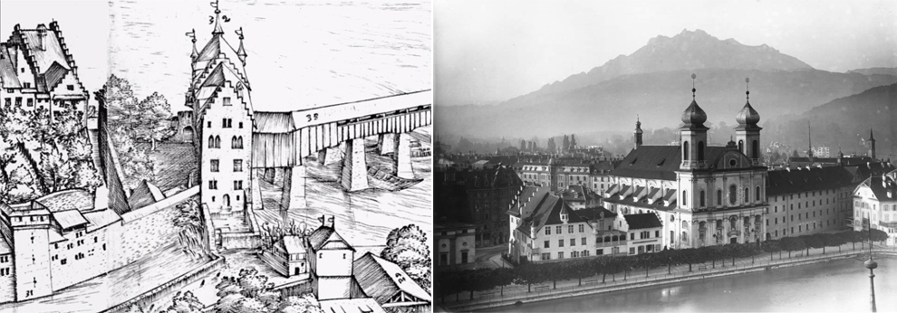 Der Freienhof, links im Martini-Plan 1597 (noch ohne die 1666–1677 gebaute Jesuitenkirche) und rechts um 1900.