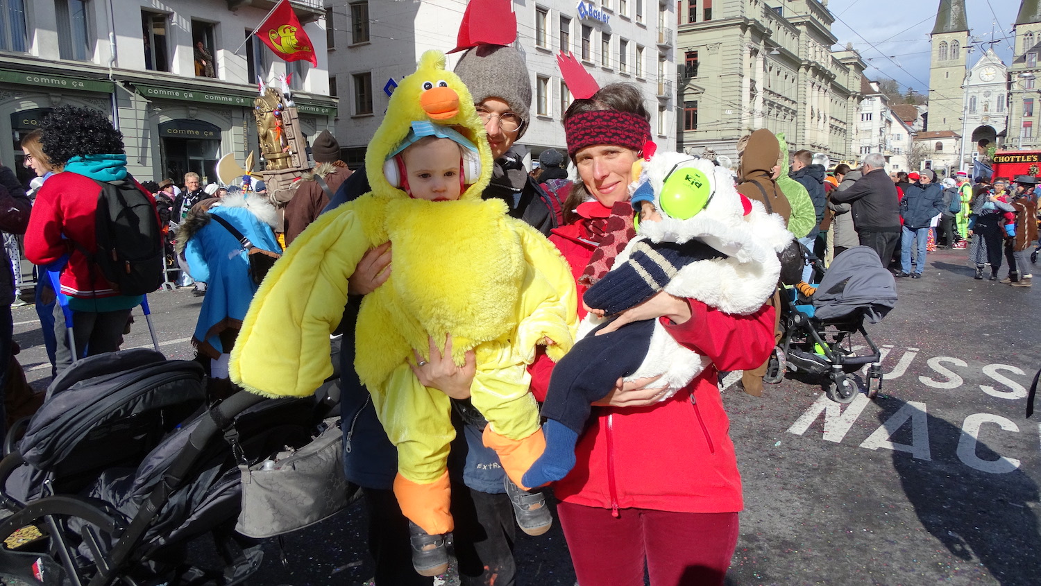 Auch diese Hühnerfamilie geniesst die Sonnenstrahlen an der Luzerner Fasnacht.