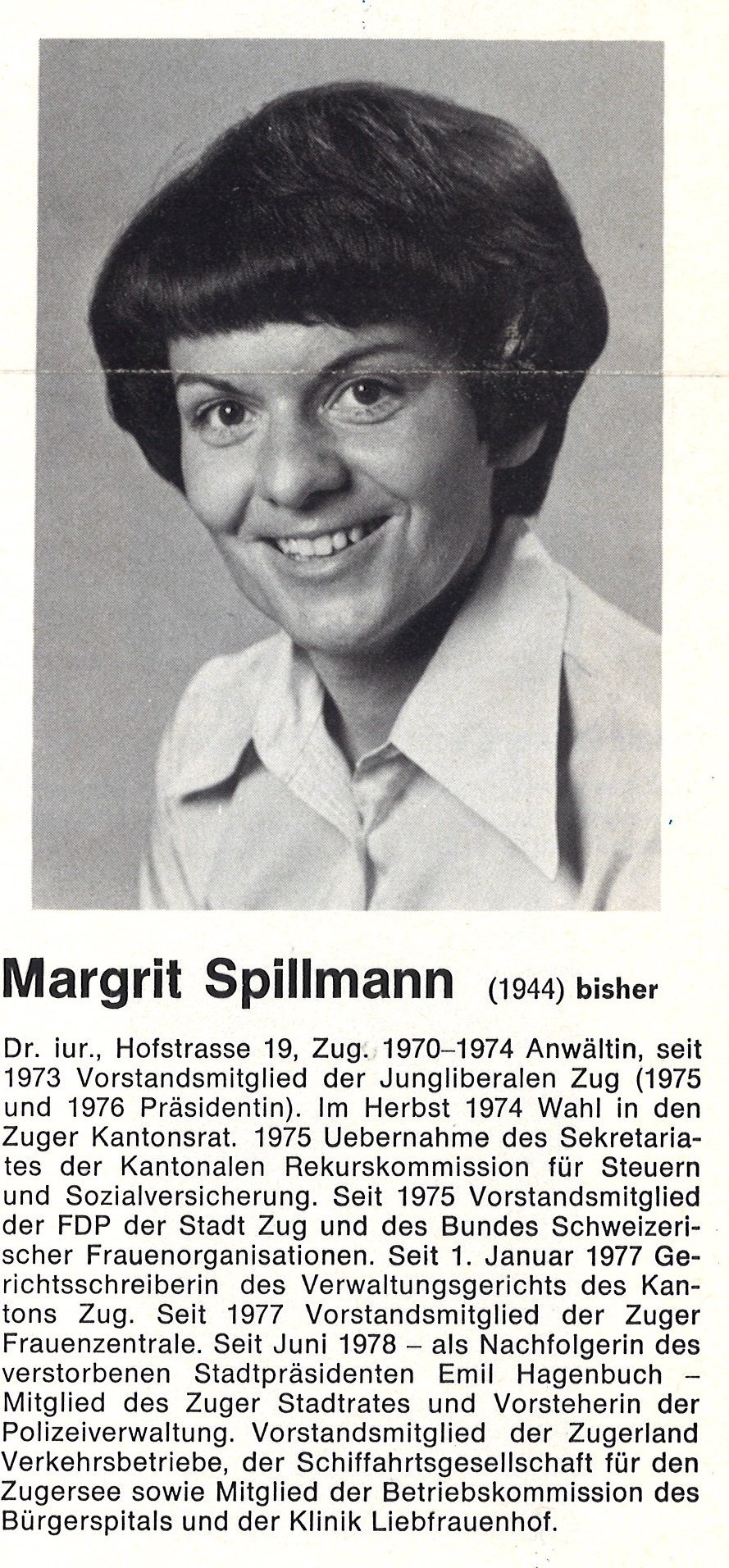 Margrit Spillmann (FDP) wurde 1978 als erste Frau in den Zuger Stadtrat gewählt.