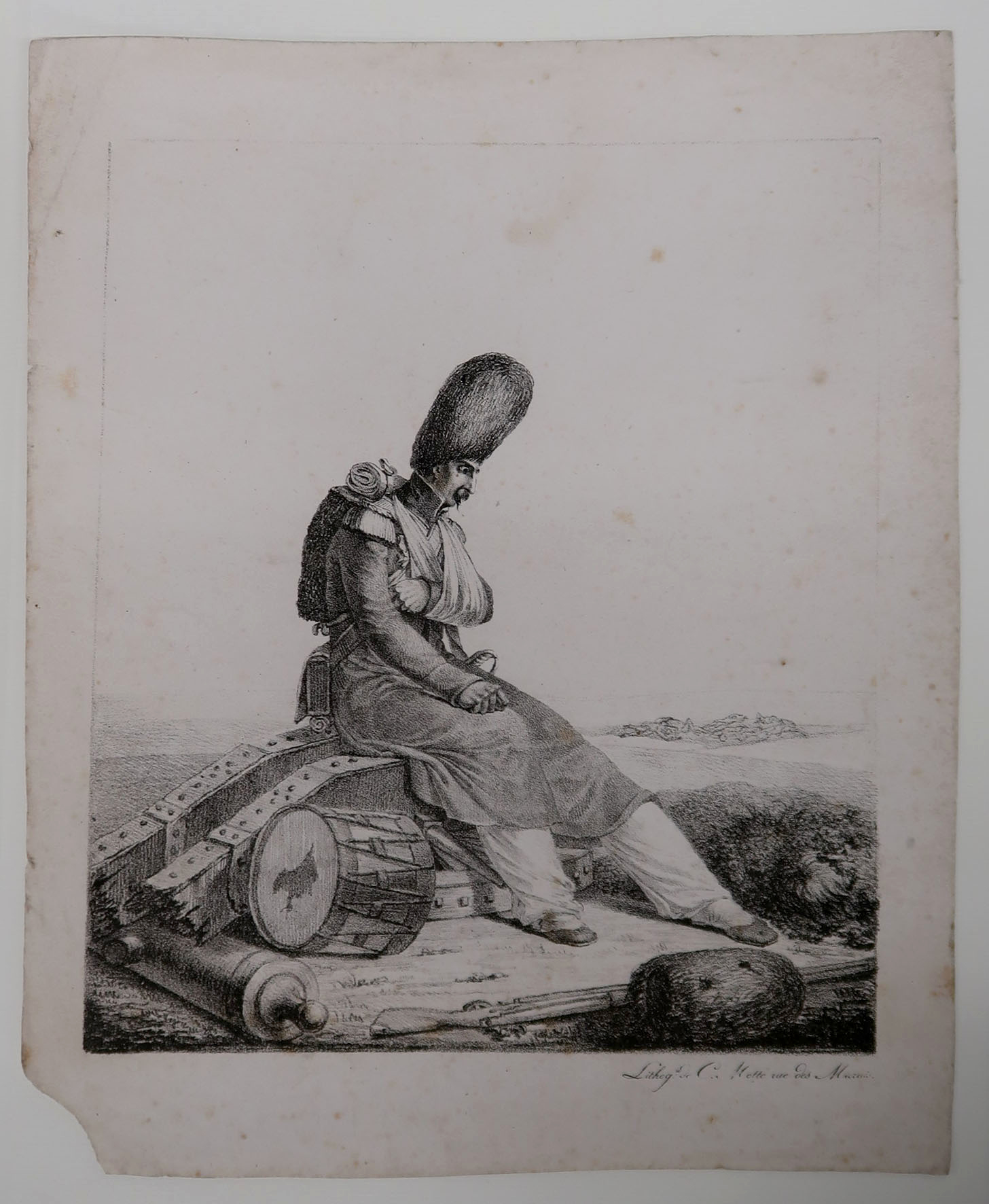 Bild 5: Verletzter Soldat mit einer Grenadiermütze, Lithographie, Charles Étienne Pierre Motte (1785 - 1836), Paris, 1. Hälfte 19. Jahrhundert, Sammlung Museum Burg Zug