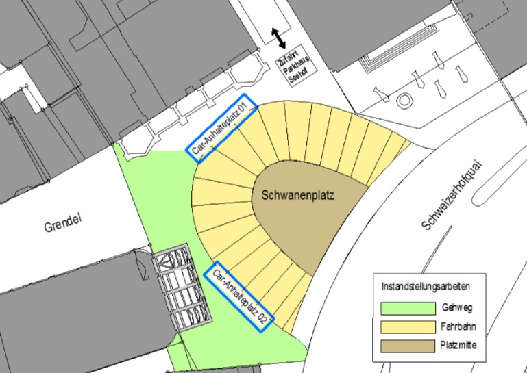 So sieht die Übersicht über die verschiedenen Etappen dse Belagseinbaus auf dem Schwanenplatz aus.