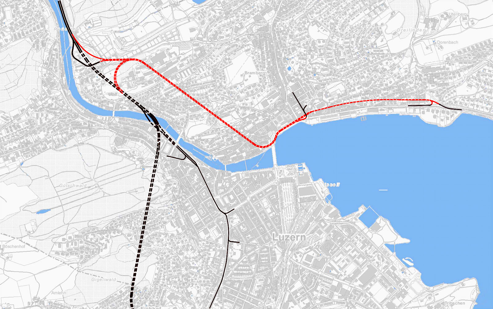 Schwarz sind die heute existierenden Strassen und Tunnels – die rote Linie zeigt, wo die Spange Mitte verlaufen würde.