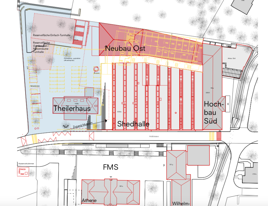 Gemäss Machbarkeitsstudie soll hinter der Shedhalle ein Neubau entstehen.