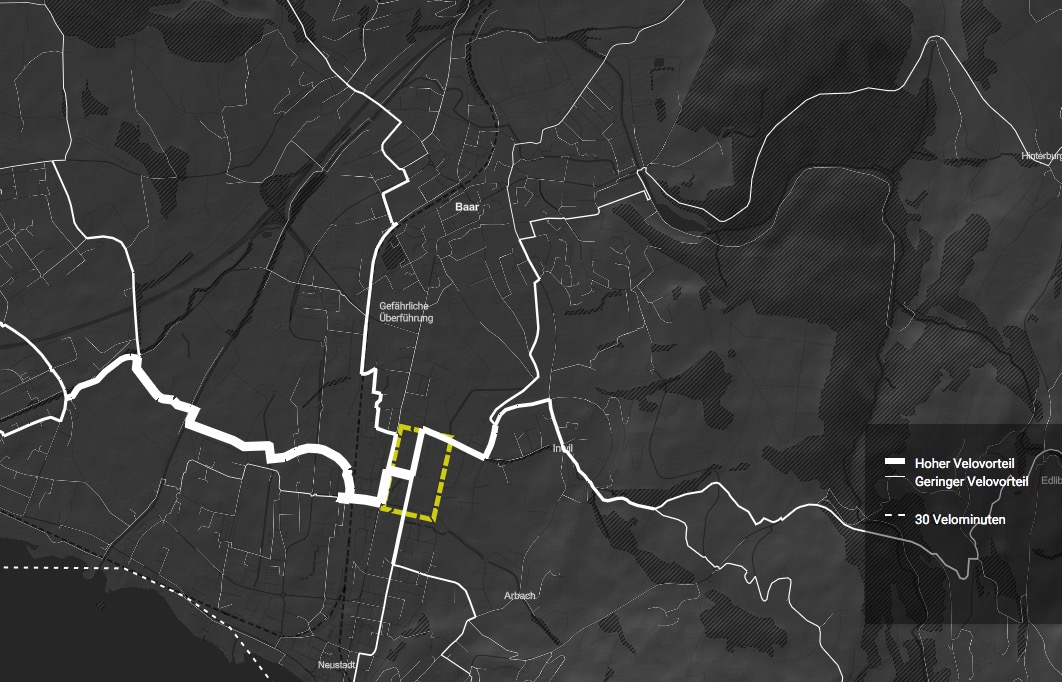 Die Karte zeigt: Je näher man in Richtung Ziel kommt, desto grösser wiegt der Vorteil mit dem Velo. Zielort ist das V-Zug-Areal, gelb eingerahmt.