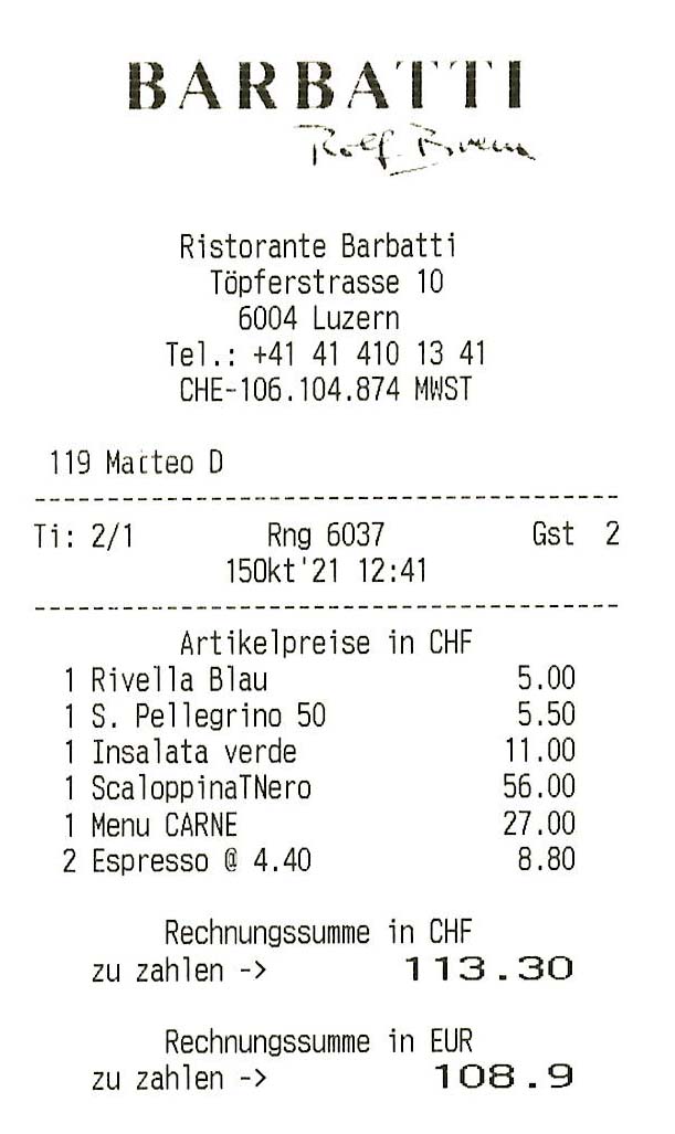 Die Rechnung unseres Lunchs im Barbatti Luzern.
