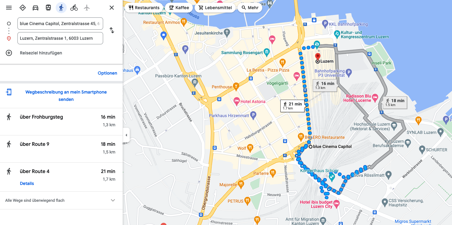 Google Maps schlägt eine interessante Route vom Capitol bis zum Bahnhof Luzern vor.