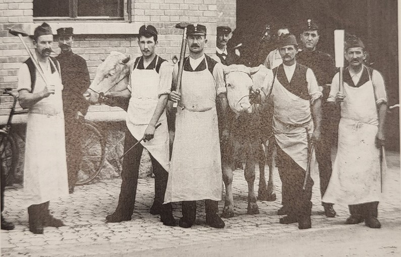 Uniformierte Soldaten, teilweise mit Metzgerschürzen, Vieh und ein Kutscher vor dem Schlachthof Fotograf/in unbekannt ohne Datierung, zirka 1851–1918