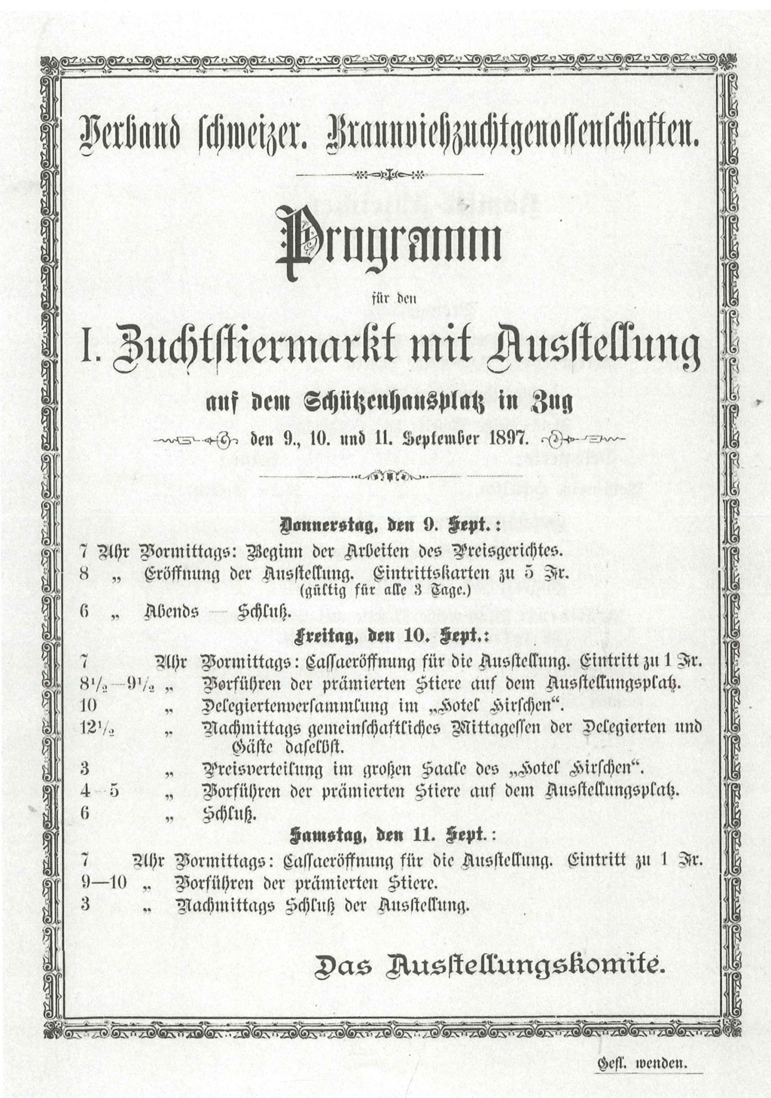 Programm des ersten Zuger Zuchtstierenmarktes des neu gegründeten Schweizerischen Braunviehzuchtverbandes, 9.–11. September 1897.