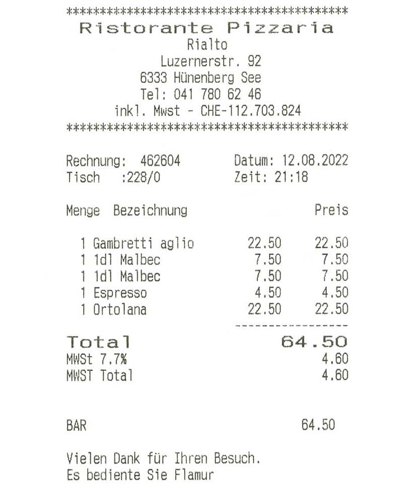 Die Rechnung gab es auch in der Pizzeria Rialto zum Schluss.